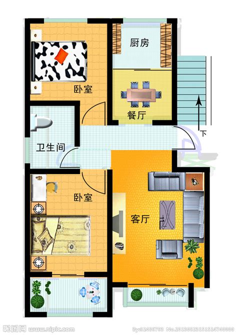 手绘风格两房两厅彩平图平面户型图PNG图片素材下载_手绘PNG_熊猫办公