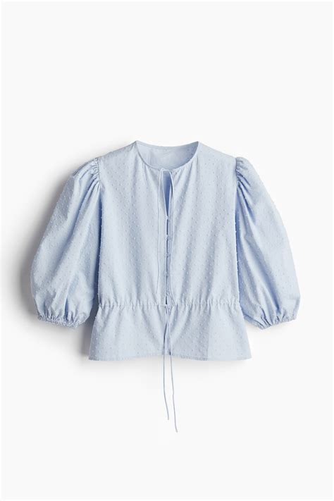 Women's Light blue Puff-Sleeved Cotton Blouse | H&M CA