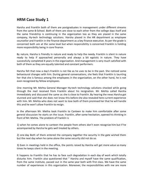 Case Study 1 HRM CAse Analysis - HRM Case Study 1 Harsha and Franklin ...