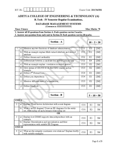 B.Tech IV Sem Exam: Database Management Systems (231CS4T01) - Studocu