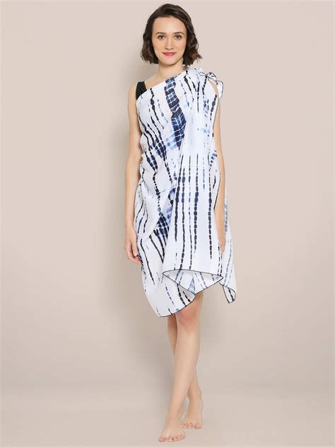 White & Blue Printed Satin Blend Sarong. – Dupatta Bazaar