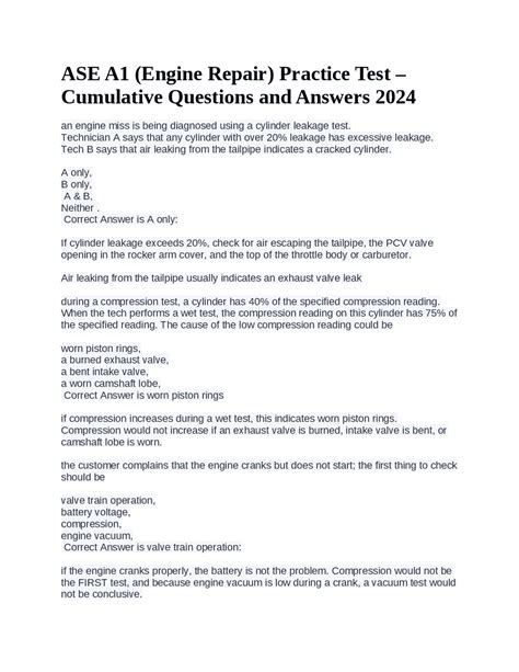 ASE A1 (Engine Repair) Practice Test – Cumulative Questions and Answers ...