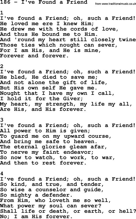 Adventist Hymnal, Song: 186-I've Found A Friend, with Lyrics, PPT, Midi ...