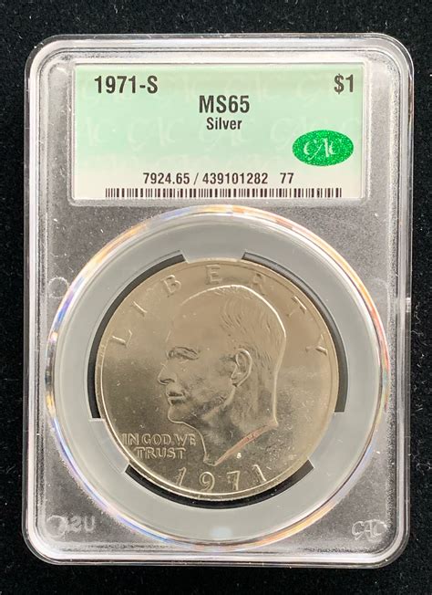 1971-S SILVER EISENHOWER $1 DOLLAR COIN, CAC GRADED MS 65 IN THE SLAB ...