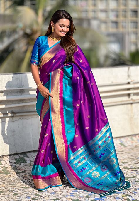 Purple Paithani Silk Saree with Muniya Satin Border – Elite Weaves
