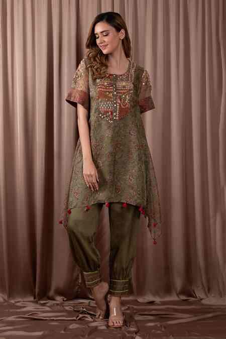 Buy Green Organza Print Gul Semi Round Embroidered Yoke Tunic With ...