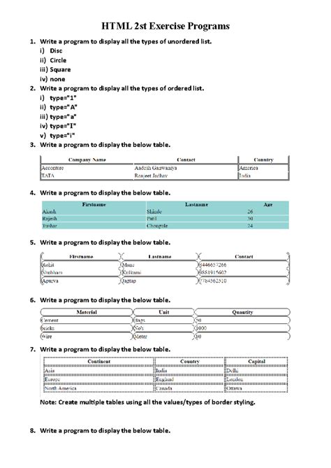 HTML different tables - HTML 2 st Exercise Programs Write a program to ...
