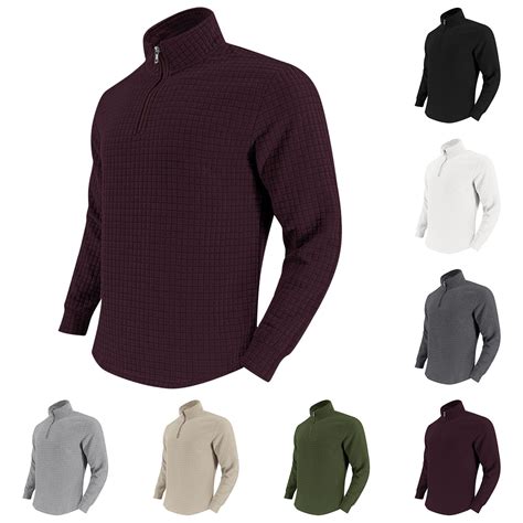 Mens 1/4 Zip Sweatshirts Waffle Long Sleeve Sweater Stand Collar ...