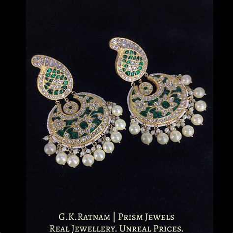 23k Gold and Diamond Polki Green Chand Bali Earrings with Pearls – G. K ...