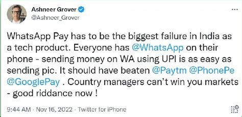 Shark Tank Fame Ashneer Grover Trolls WhatsApp Pay﻿ - Cashify