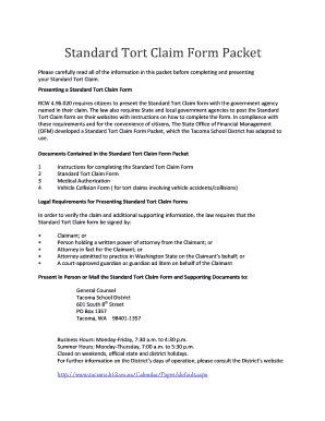 Standard Tort Claim Form Packet - Tacoma Public Schools - Fill and Sign ...