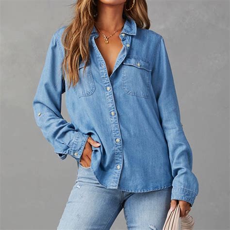 Women'S Chambray Button Down Shirt, Long Sleeve Cotton Blouse, Long ...
