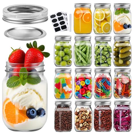 16pack 16oz Mason Jars with Airtight Lids and Bands, Regular Mouth Pint ...