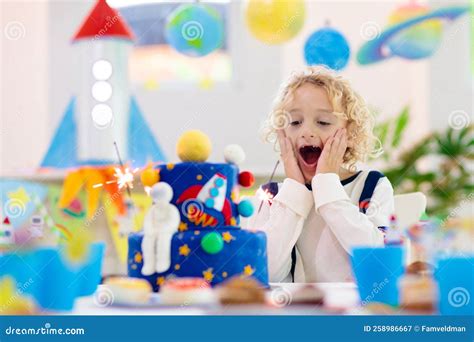 Kids Space Theme Birthday Party with Cake Stock Image - Image of ...