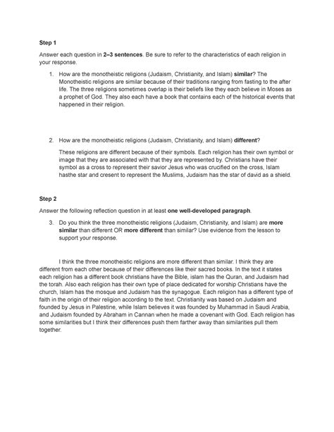 1.02 Monotheistic Religions - Step 1 Answer each question in 2–3 ...