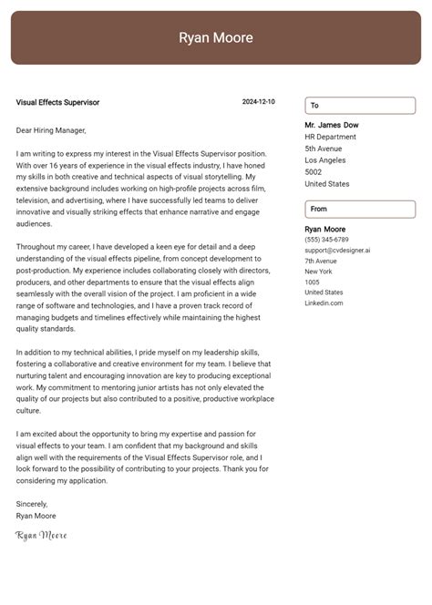 16 Visual Effects Supervisor Cover Letter Examples And Templates for ...