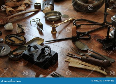 Wood Table with Display of Old Items People Used in Olden Days Stock Image - Image of people ...