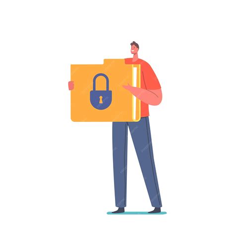Tiny male character with huge file folder and padlock isolated on white ...