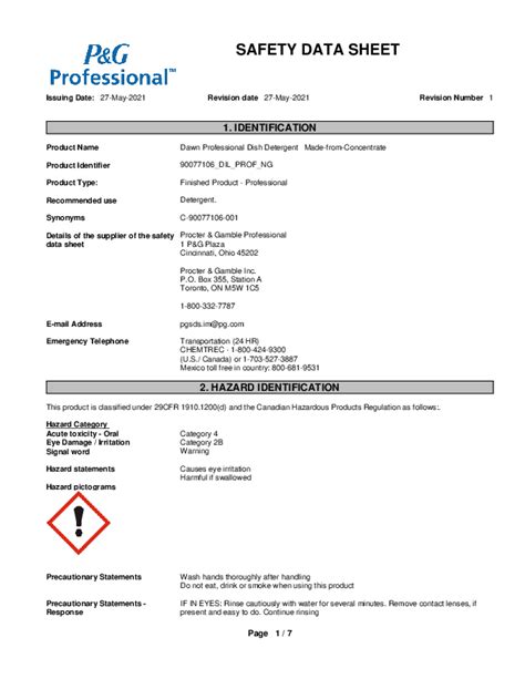 Safety Data Sheet Dawn Dish Soap at Roberta Shanklin blog
