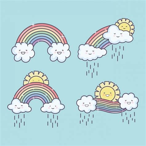 Niedliche Sommersonne und -wolken regnerisch mit Regenbogen kawaii ...
