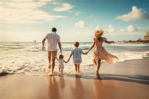 Happy family of four having fun on the beach. Young parents with their ...