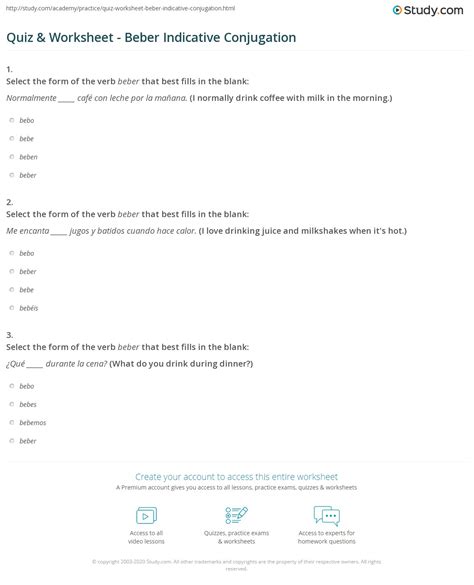 Quiz & Worksheet - Beber Indicative Conjugation | Study.com