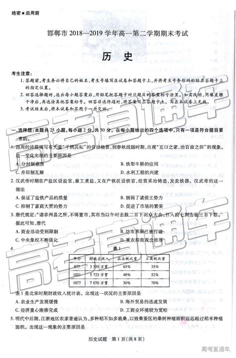 2019河北省邯郸市高一下学期期末考试历史试题及参考答案-高考直通车