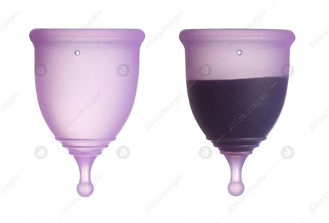 Purple menstrual cups on white background, one with blood. Collage: Stock Photo | Download on ...