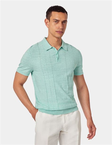Men's Light Green Melange Stripe Knitted Cotton Polo Shirt - Short ...
