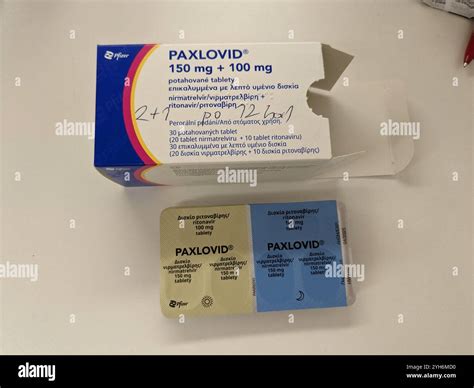 Paxlovid box of medication with active substance Nirmatrelvir and ...