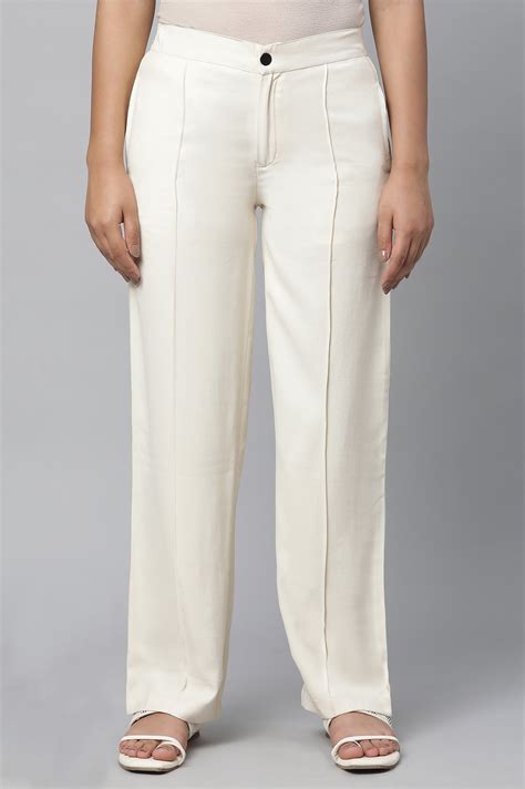 Buy Elleven Women's Off White Solid Straight-fit Rayon Pants with ...