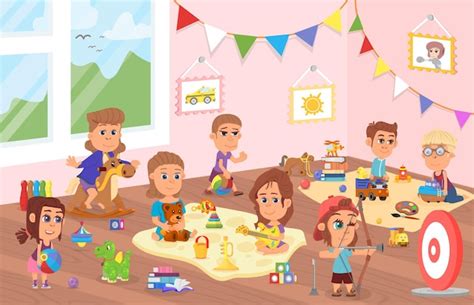 Kinderen spelen in de kleuterschool Leuke cartoon peuter kind spelen ...