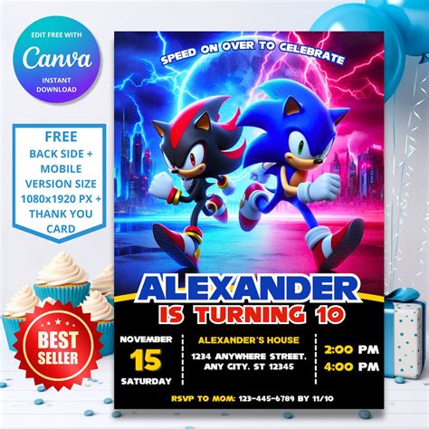 Ultimate Speed Sonic Shadow Birthday Invitation | Sonic the Hedgehog ...