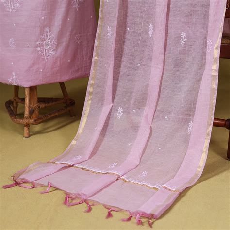 Pink 2pc Mul Chanderi Unstitched Chikankari Dress Material Suit Set