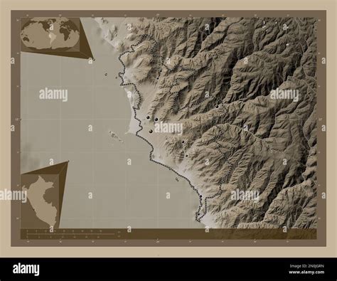 Lima Province, province of Peru. Elevation map colored in sepia tones ...