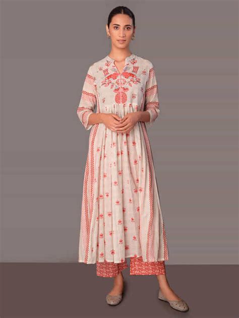 Buy Off White Pink Printed Cotton Slub Embroidered Dress | SB-08 ...