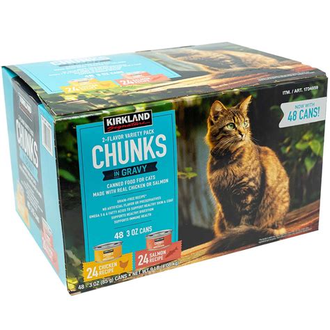 Kirkland Signature 48 Ct Canned Cat Food Chunks in Gravy Variety Pack, Chicken & Salmon Recipe ...