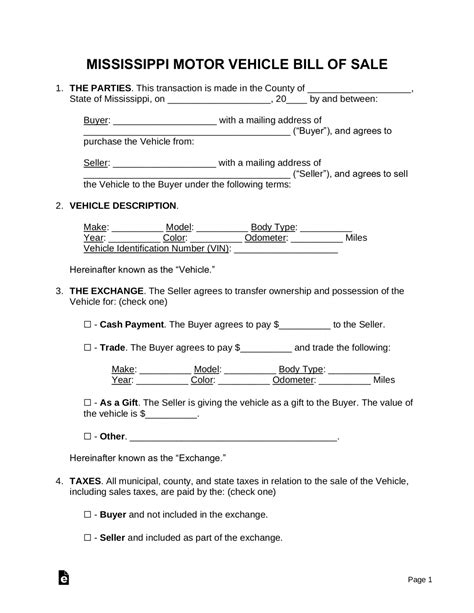 Free Mississippi Motor Vehicle Bill of Sale Form - PDF | Word – eForms