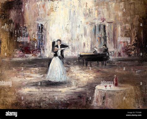 Abstract painting of couple dancing tango or waltz on live piano music ...