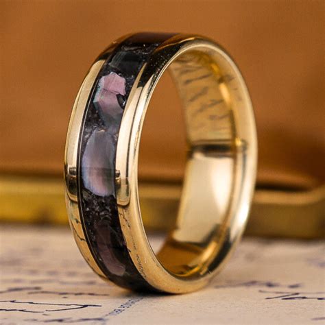 The Dark Tide | Men's Gold Wedding Band with Black Mother of Pearl ...
