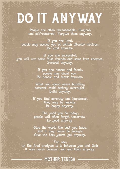 Mother Teresa Do it anyway poem art print | Life lesson quotes, Lesson ...