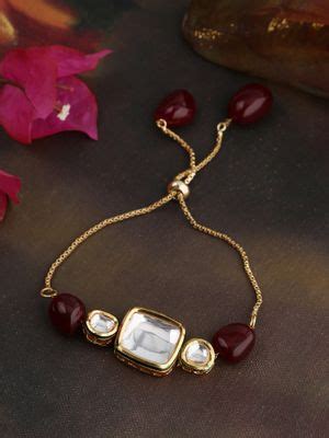 Buy Shoshaa Maroon Gold Tone Polki Bracelet With Quartz Online
