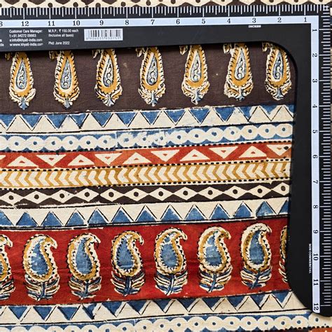 Pure Cotton Kalamkari Mustard And Rust Blue Kairi Design Border Hand B ...