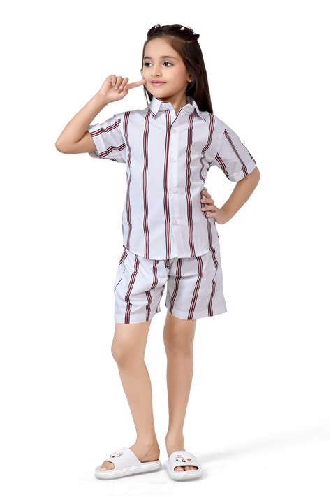 Buy White and Brown Striped Printed Girls Cotton Co-Ord Set Online – Club96