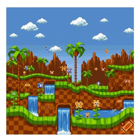 Vibrant pixel art landscape, inspired by Sonic's Green Hill Zone, with ...