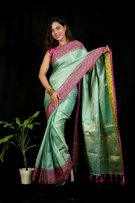 Sea Green Patola inspired Silk with Contrast Pink Ikat-Inspired Border