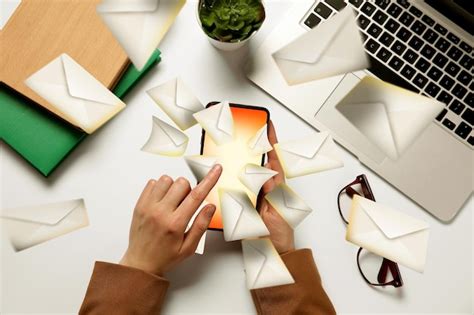 Email spam woman with smartphone and many letters top view | Premium Photo