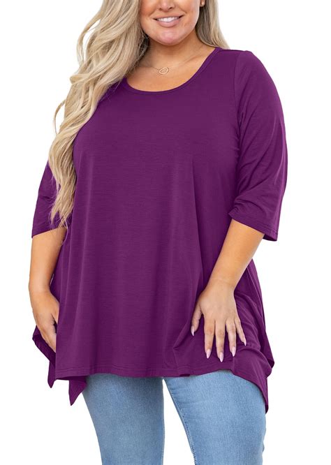Showmall Plus Size Women Top 3/4 Sleeve Purple Blouse Swing Tunic Loose ...