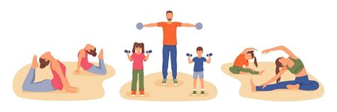 Set di personaggi dei cartoni animati atletici di genitori e figli che ...