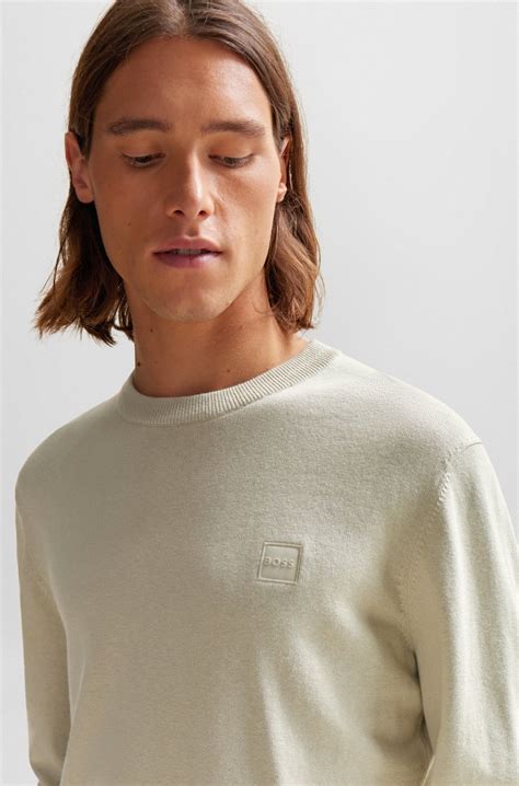 BOSS - Crew-neck sweater in cotton and cashmere with logo - Light Beige